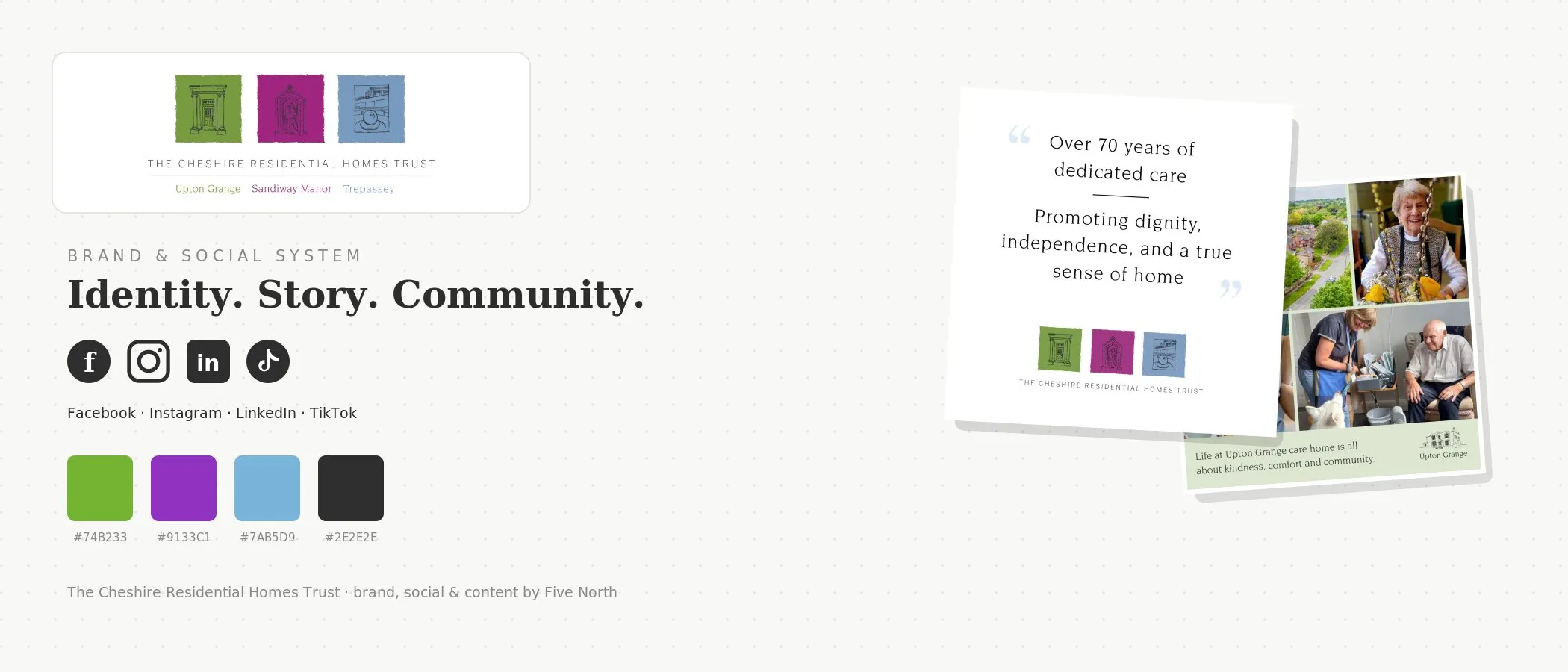Cheshire Residential Homes Trust brand and social system: tricolour logo, palette, platform icons and social posts