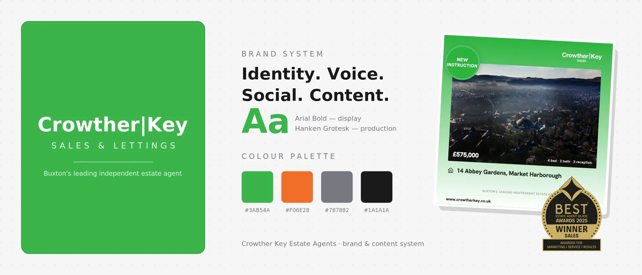 Crowther Key brand board: logo, colour palette, typography and branded social template with Best Estate Agent Guide 2025 award