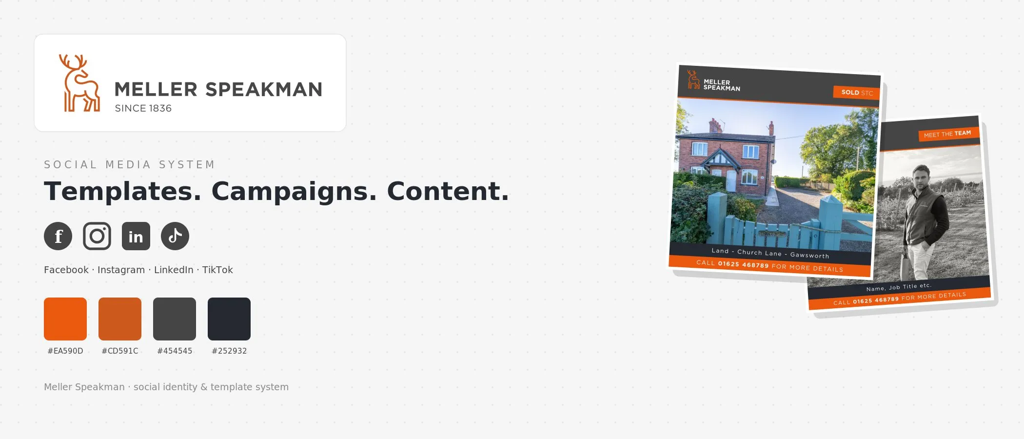 Meller Speakman social media system: brand logo, colour palette, platform icons and branded social templates
