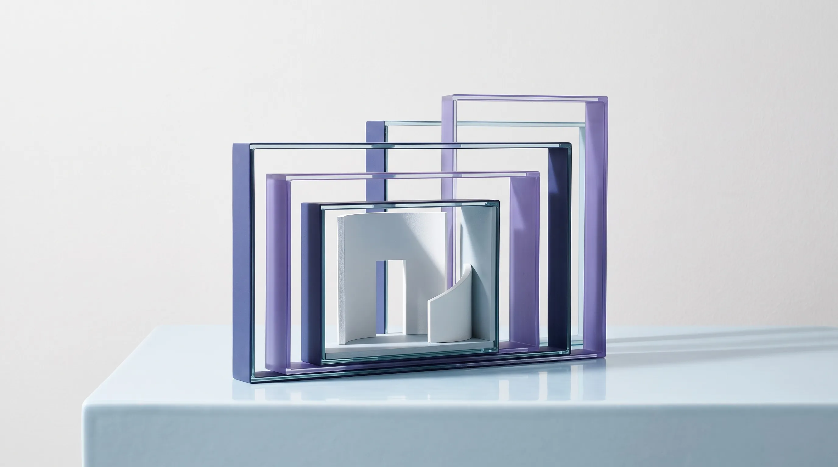 Five North studio artwork with nested purple viewing frames around an architectural space.