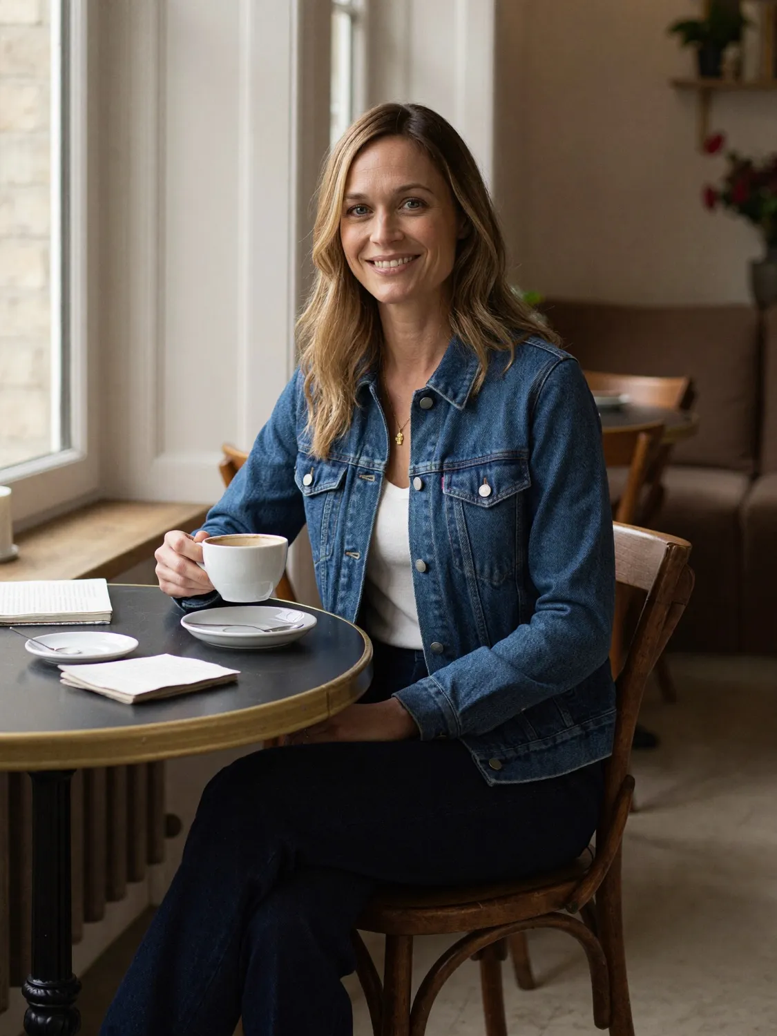 Scarlett in a denim jacket, holding a coffee at a café table.