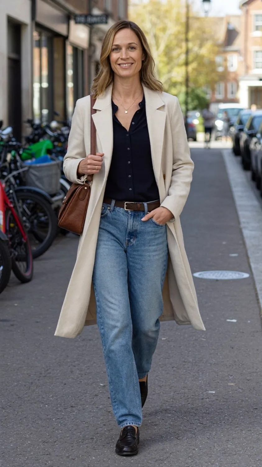 Scarlett walking along a street in a light coat and jeans.